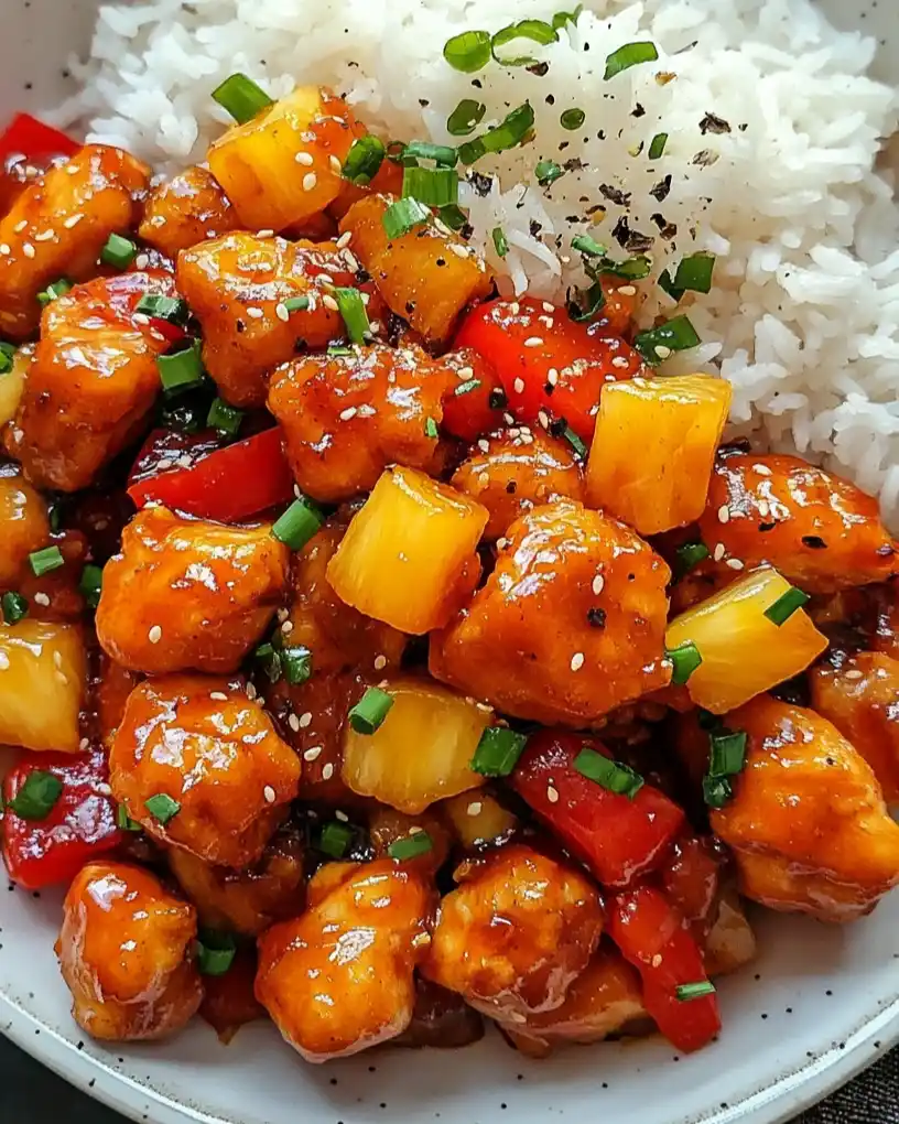 sweet and sour chicken with pineapple close up