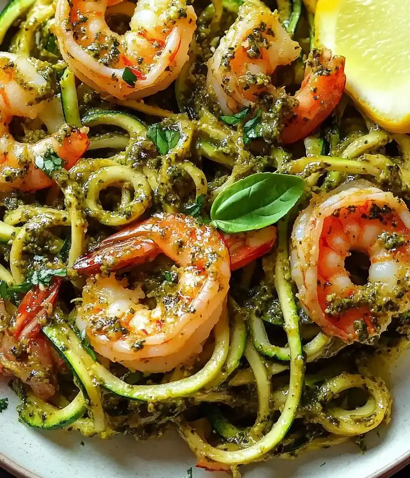 Zucchini Noodles with Pesto and Shrimp close up