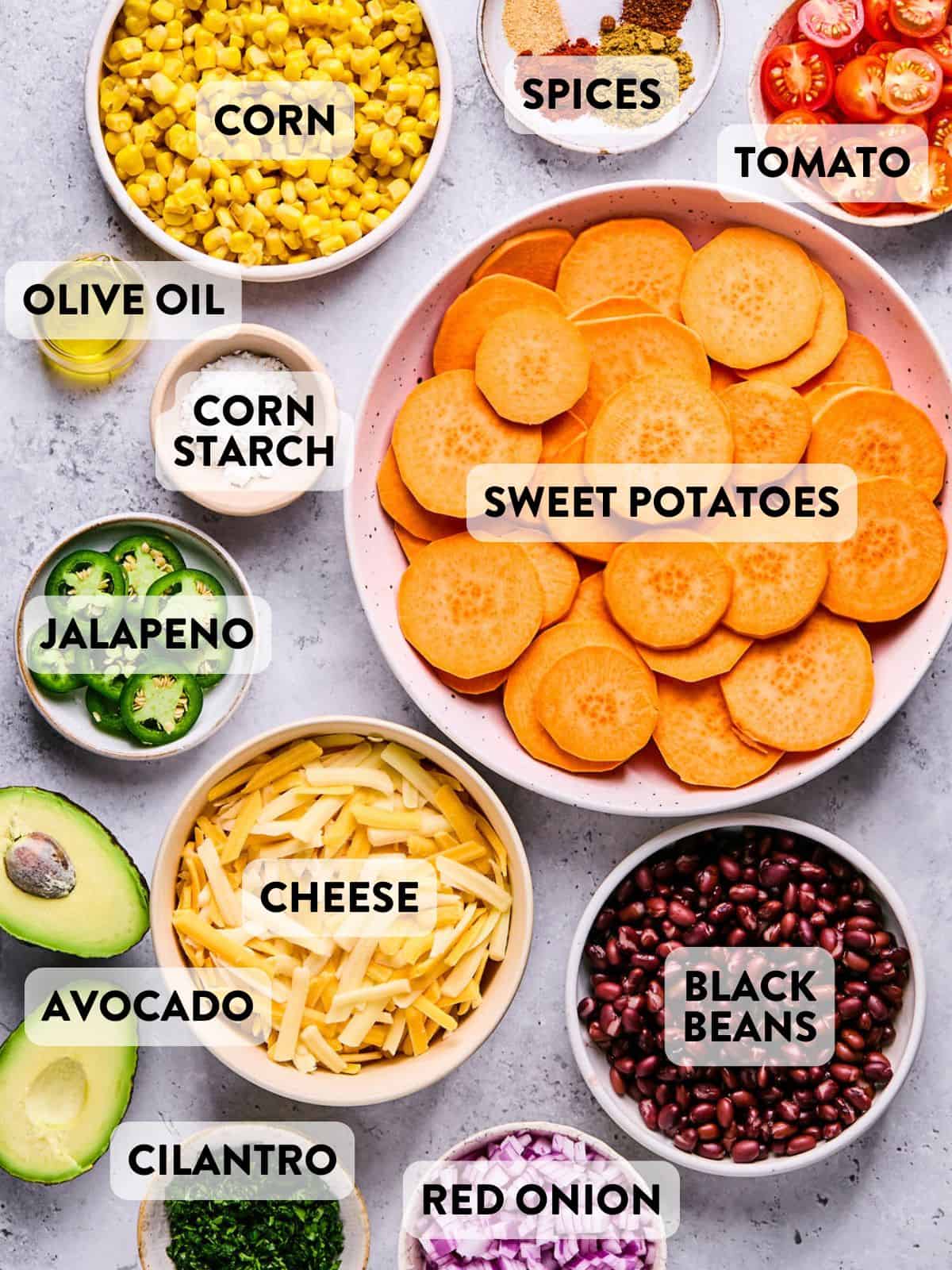 ingredients for sweet potato nachos on a counter.