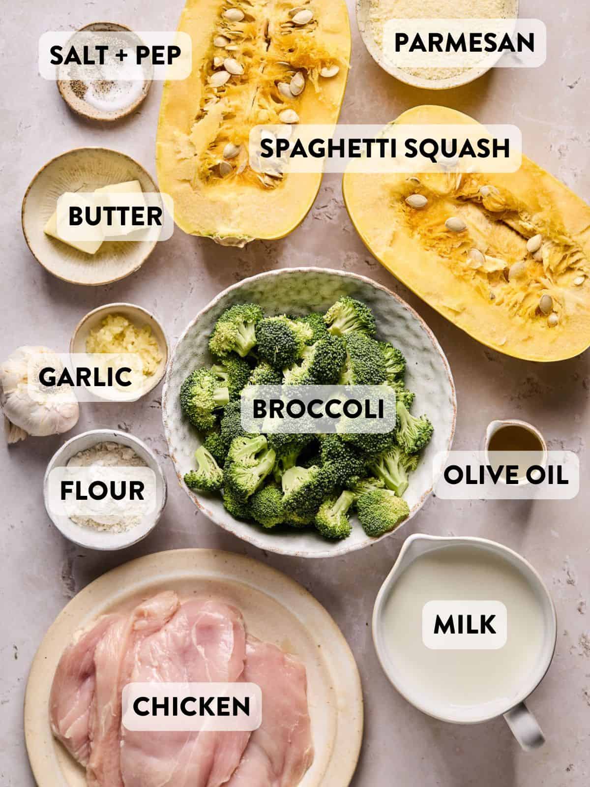 ingredients for chicken alfredo spaghetti squash on a counter.