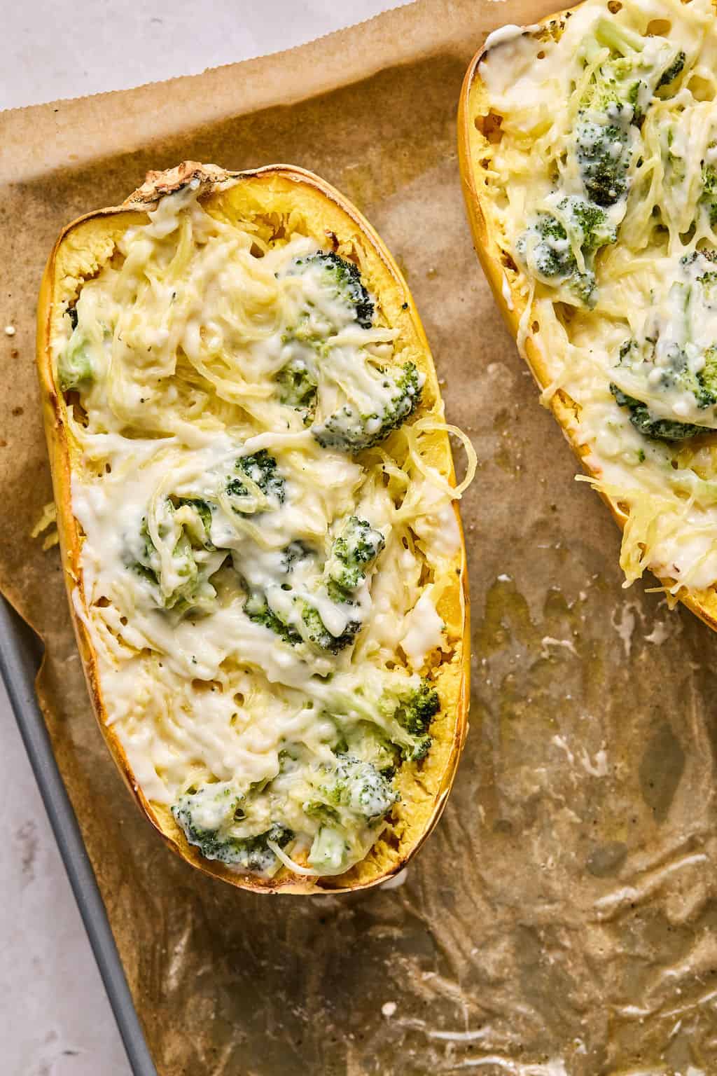 chicken alfredo spaghetti squash mixed inside the spaghetti squash.