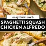 two images of spaghetti squash chicken alfredo on a plate.