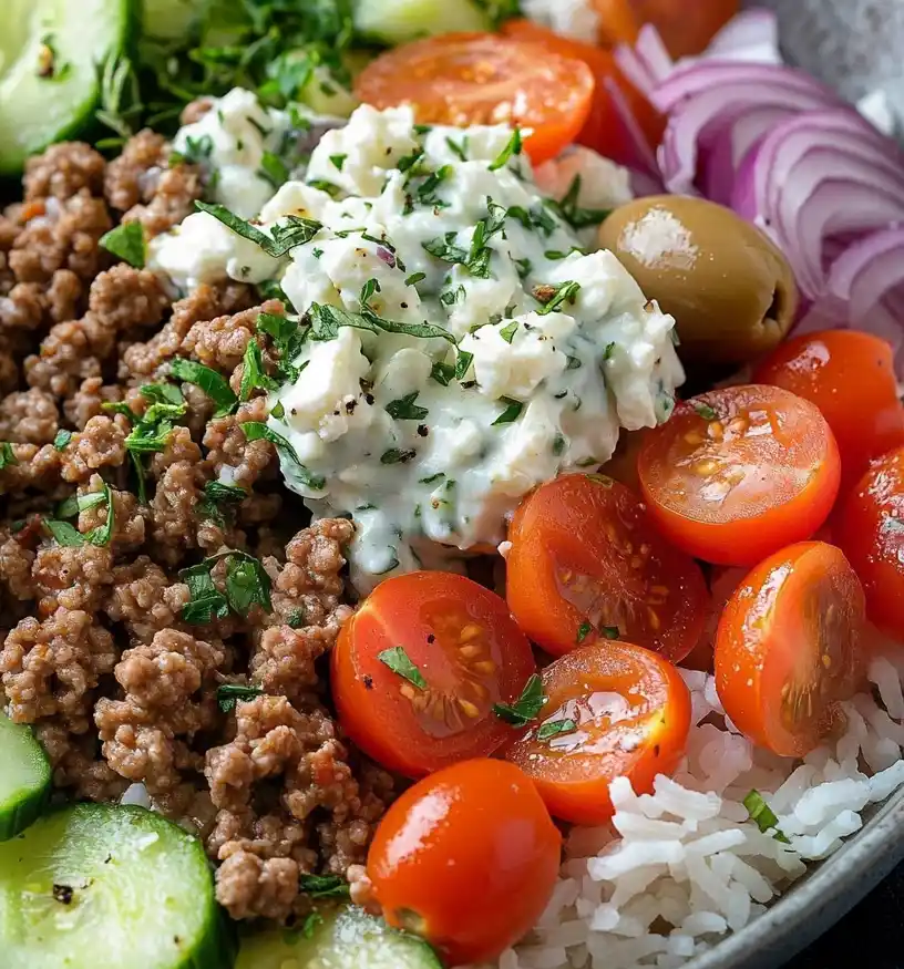 greek ground turkey rice bowl close up