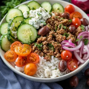 greek ground turkey rice bowl