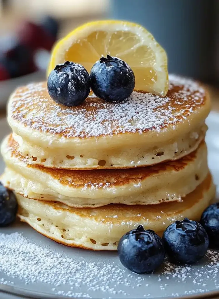 Lemon ricotta pancakes close up