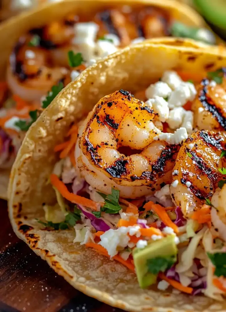 Grilled Shrimp Tacos with Cabbage Slaw close up