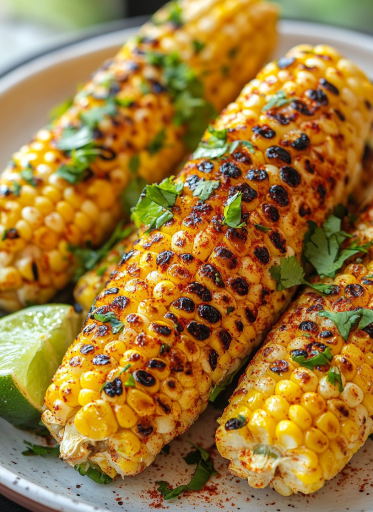 Grilled corn on the cob with chili lime butter close up