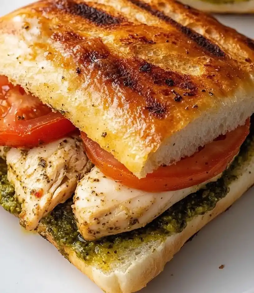 Ciabatta Chicken Pesto Sandwich close up