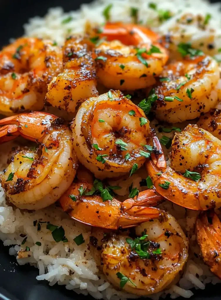 garlic butter shrimp and rice close up