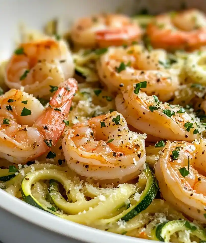 lemon garlic shrimp and zucchini noodles close up