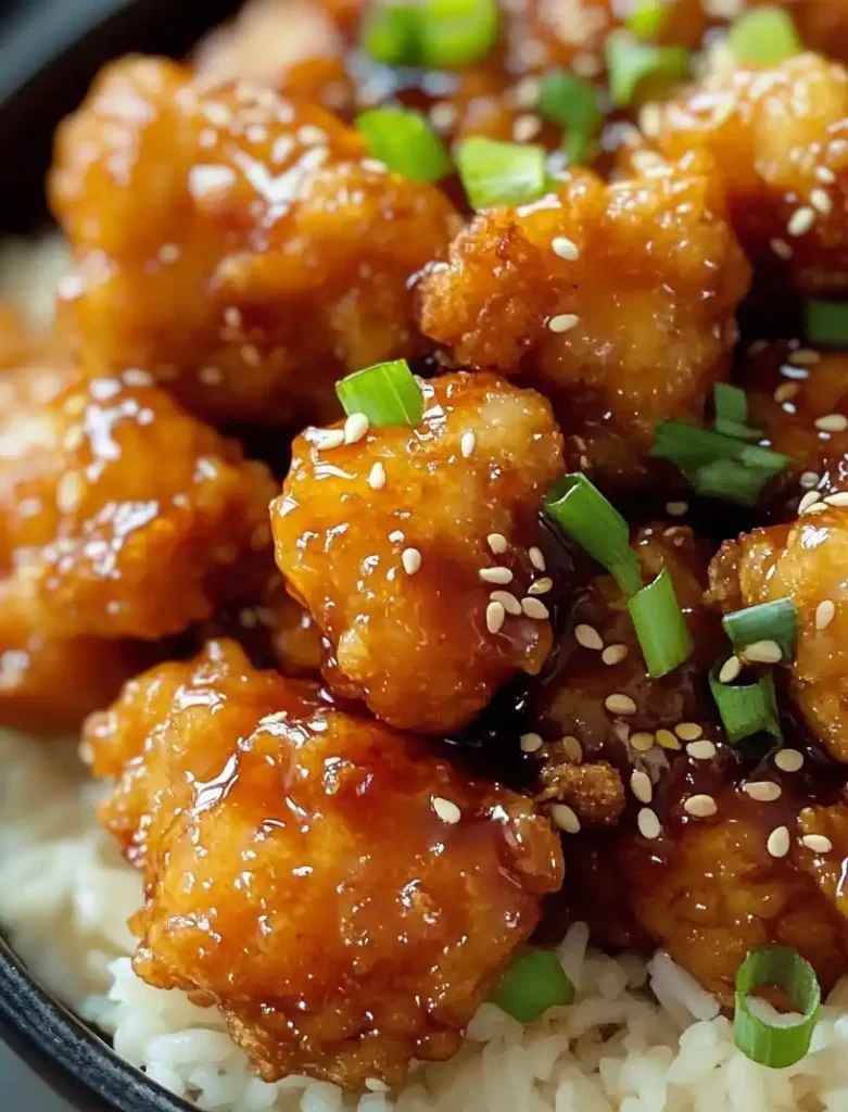 Crispy Honey Chicken bites with rice, close up
